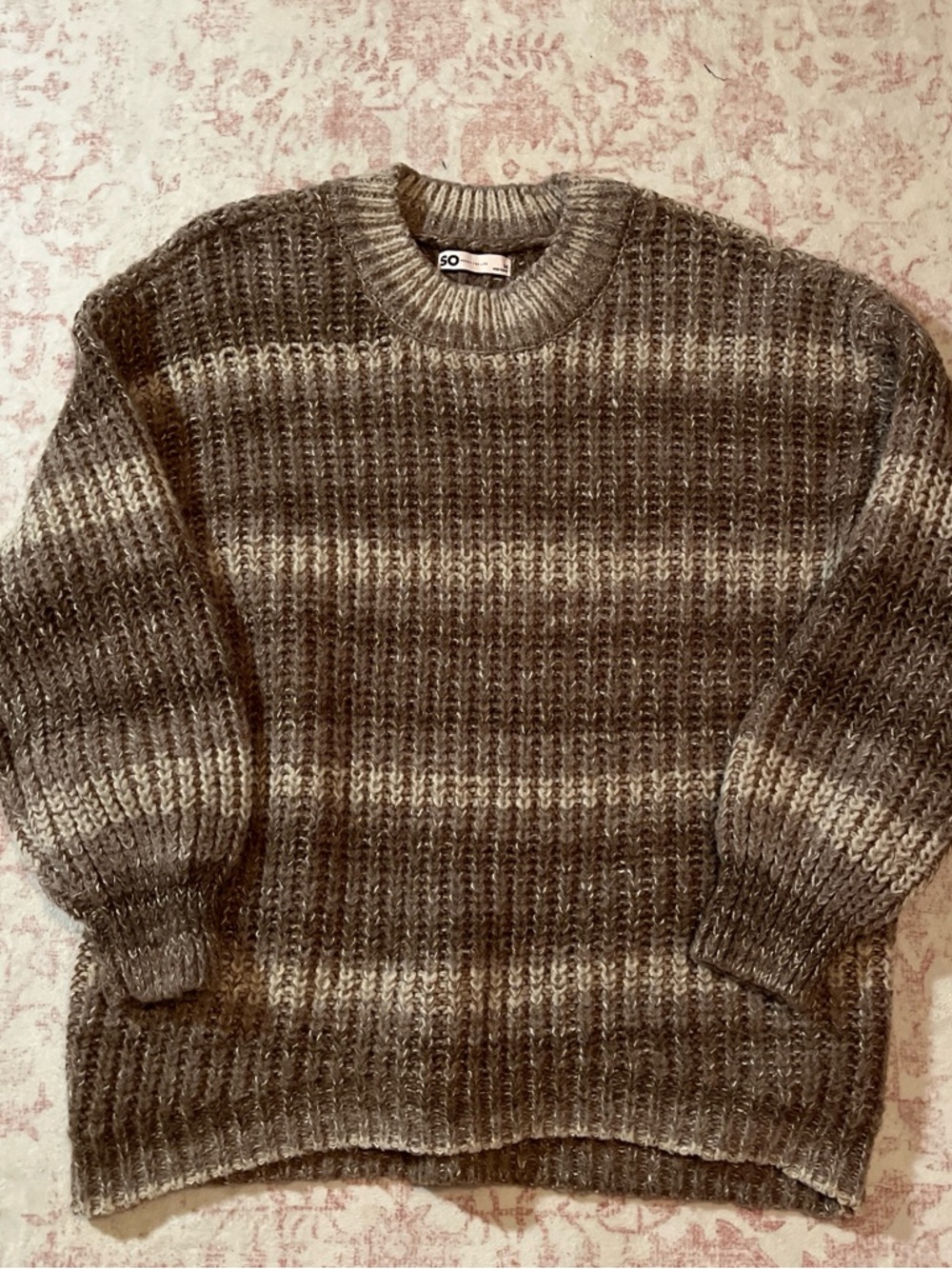 SO Women's Striped Crewneck Sweater in Brown & Cream